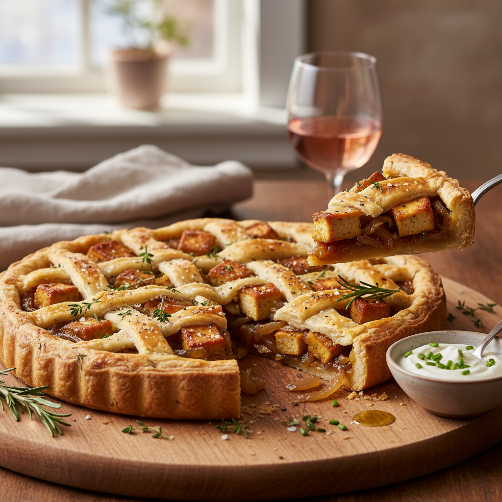 Crispy Tofu and Caramelized Onion Tart with Herbed Crust