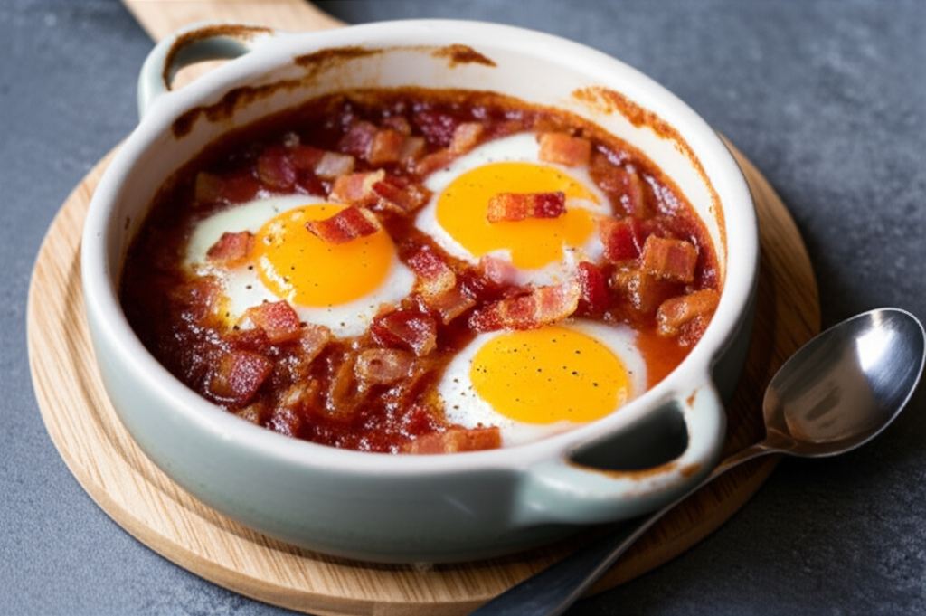 Baked Eggs in Savory Tomato and Onion Jam with Crispy Bacon Crumbles