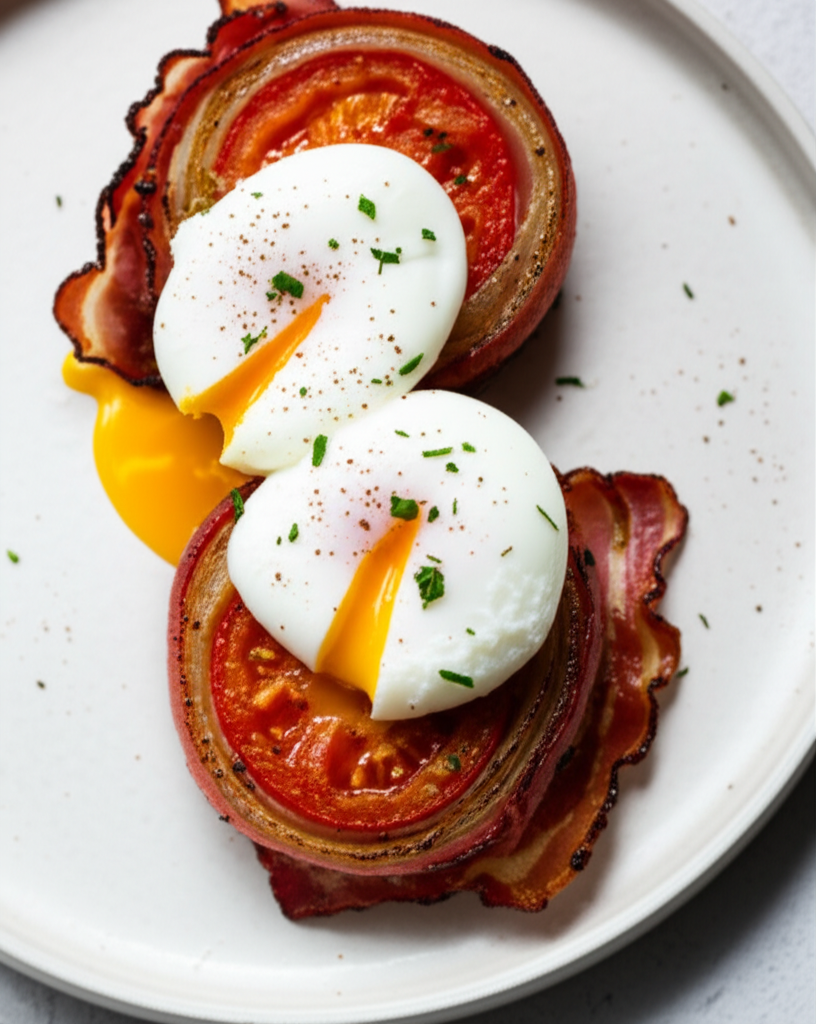 Seared Bacon Wrapped Onion and Tomato Bundles with Silky Poached Eggs