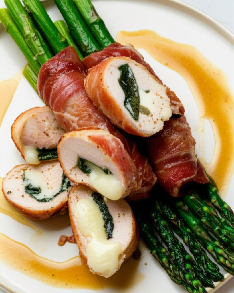 Prosciutto-Wrapped Chicken Roulade with Asparagus, Fontina, and Sage Brown Butter