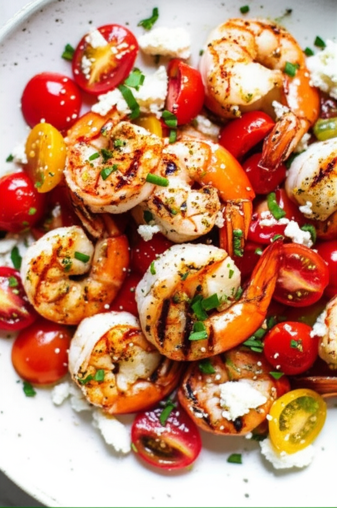 Grilled Mediterranean Shrimp with Burst Cherry Tomato and Feta Salad