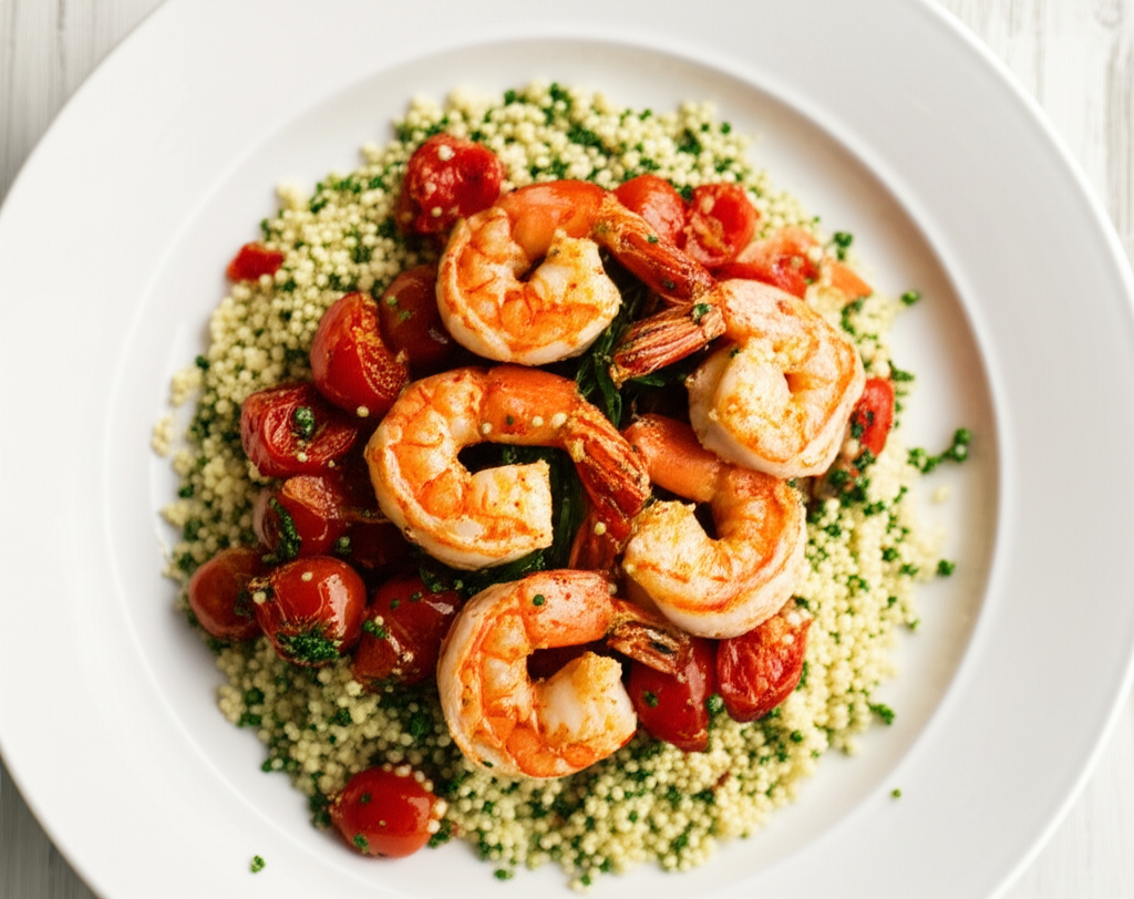 Seared Shrimp with Sun-Kissed Tomato Confit and Herbed Couscous