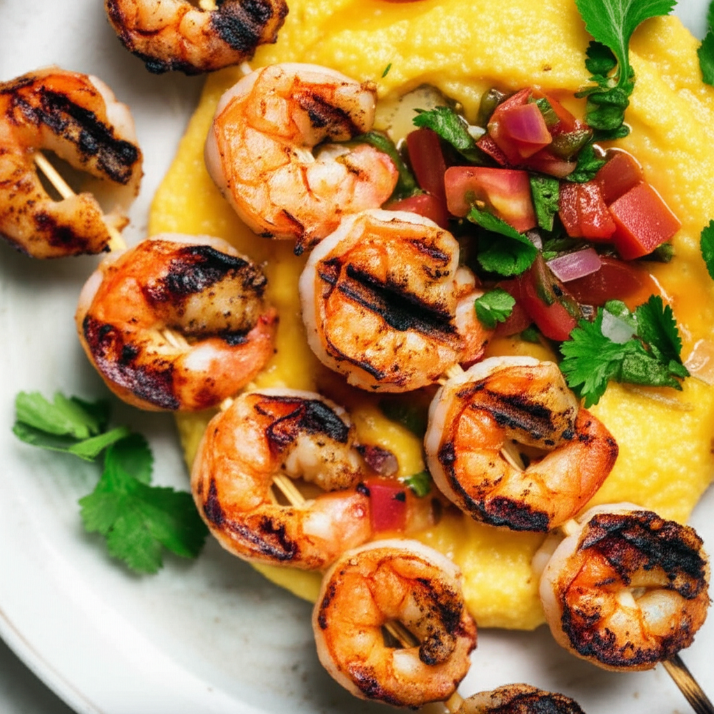 Grilled Shrimp Skewers with Smoky Tomato-Chipotle Salsa and Creamy Polenta
