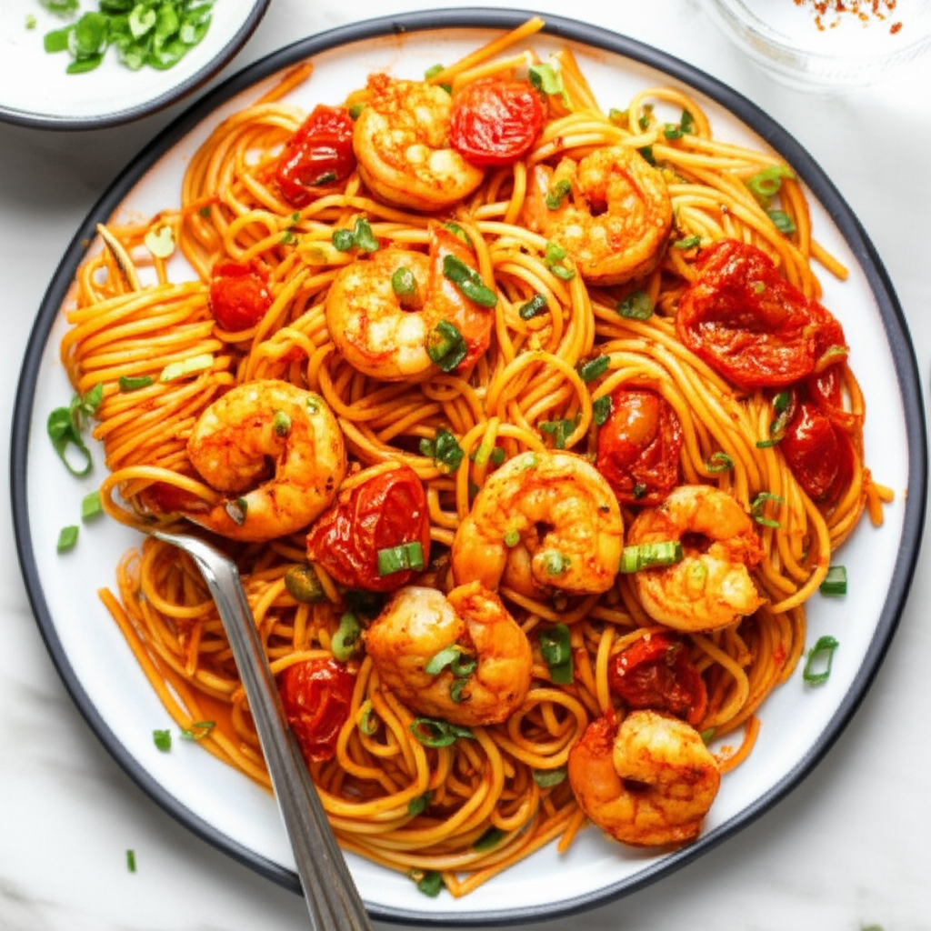 Spicy Gochujang Shrimp and Roasted Tomato Noodles