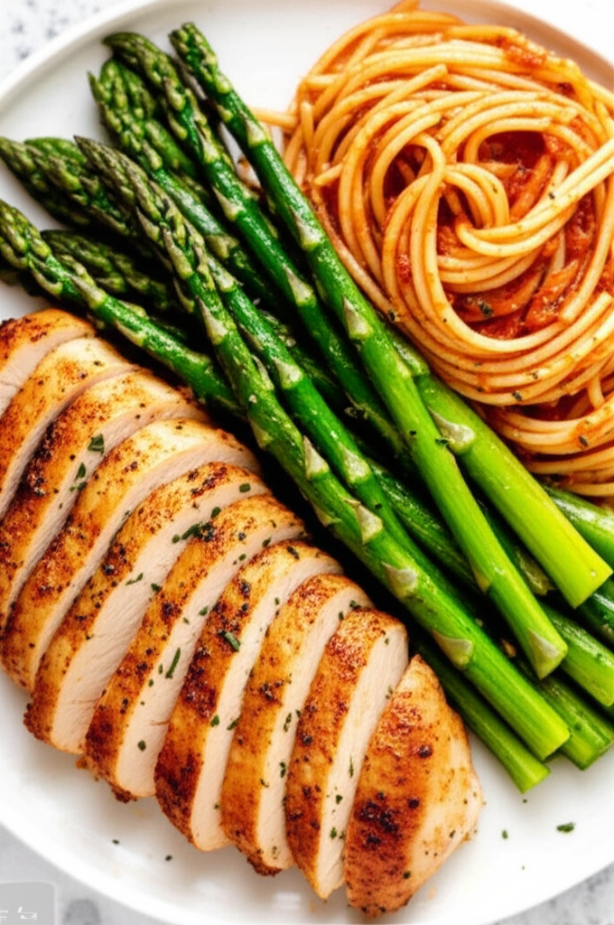 Roasted Garlic Chicken and Asparagus with Savory Red Sauce Pasta