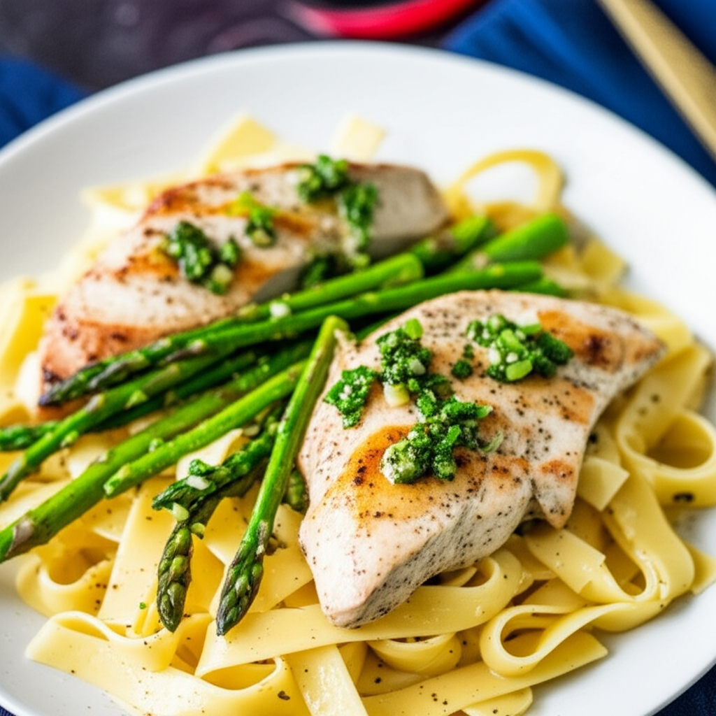 Zesty Skillet Chicken and Asparagus Pasta with Green Onion Gremolata