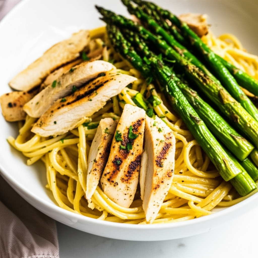 Spicy Jalapeno Chicken Pasta with Roasted Asparagus
