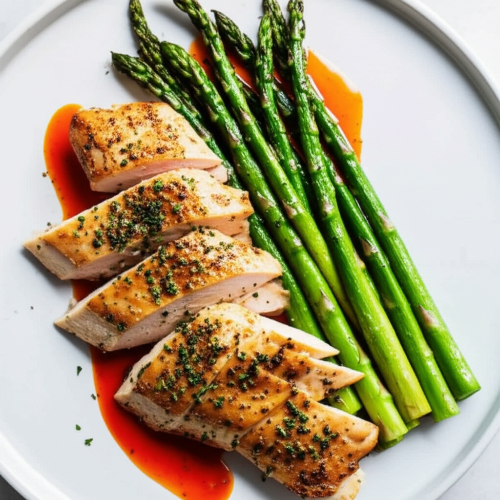 Garlic Herb Roasted Chicken and Asparagus with Rich Red Sauce Drizzle