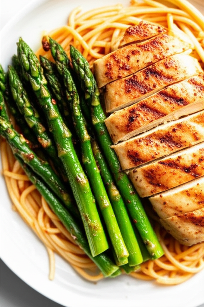 Zesty Pan-Seared Chicken and Asparagus with Spicy Garlic Red Sauce Pasta