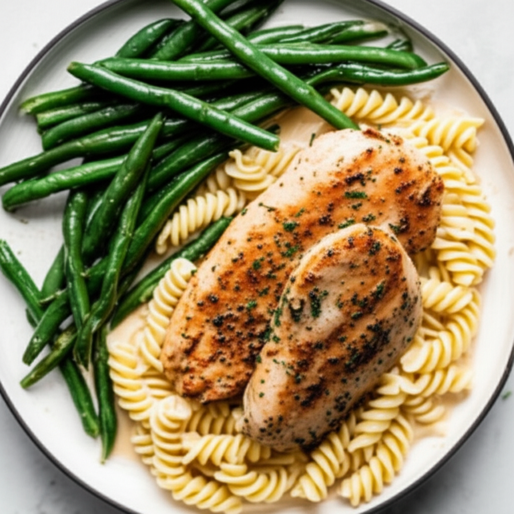 Pan-Seared Chicken with Creamy Pasta Sauce and Crisp Green Beans