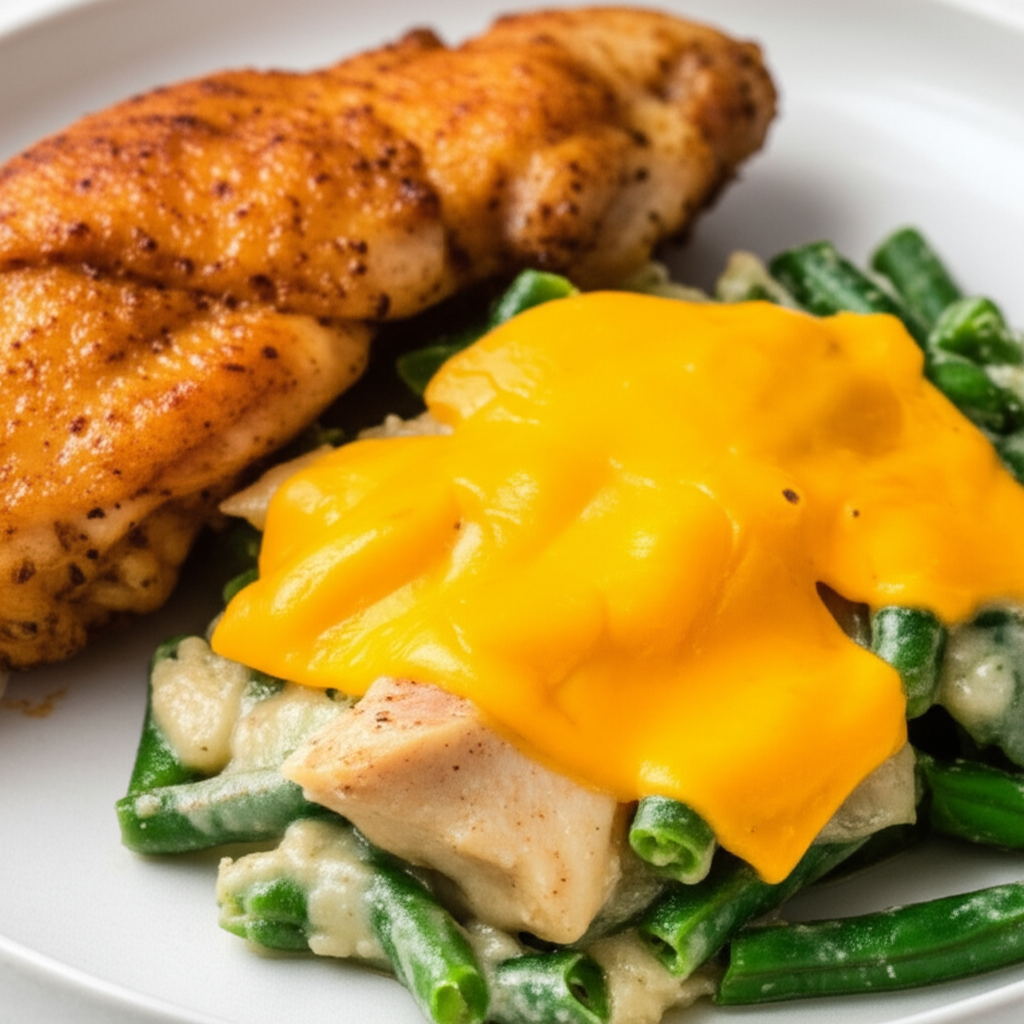 Baked Chicken and Green Bean Casserole with American Cheese Crust