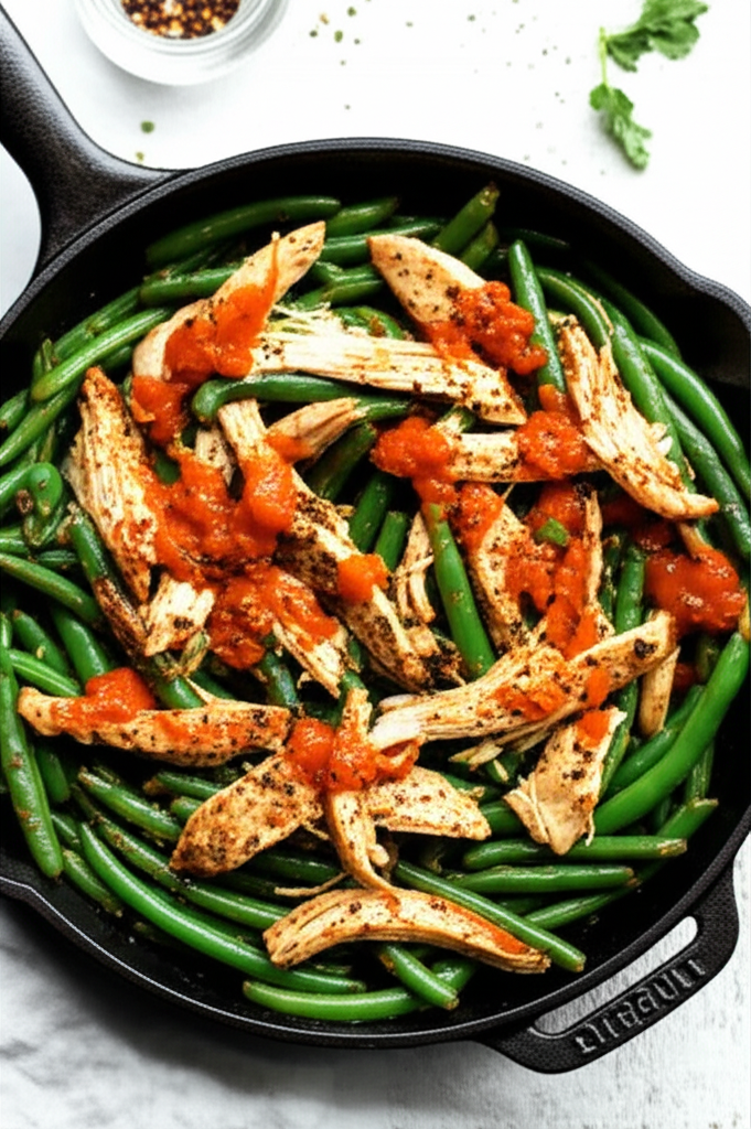 Deconstructed Chicken and Green Bean Skillet with Zesty Pasta Sauce Drizzle
