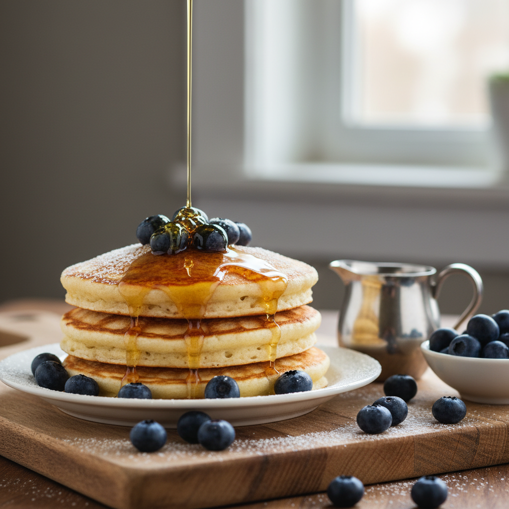 Fluffy Pancakes with Maple Syrup and Blueberries