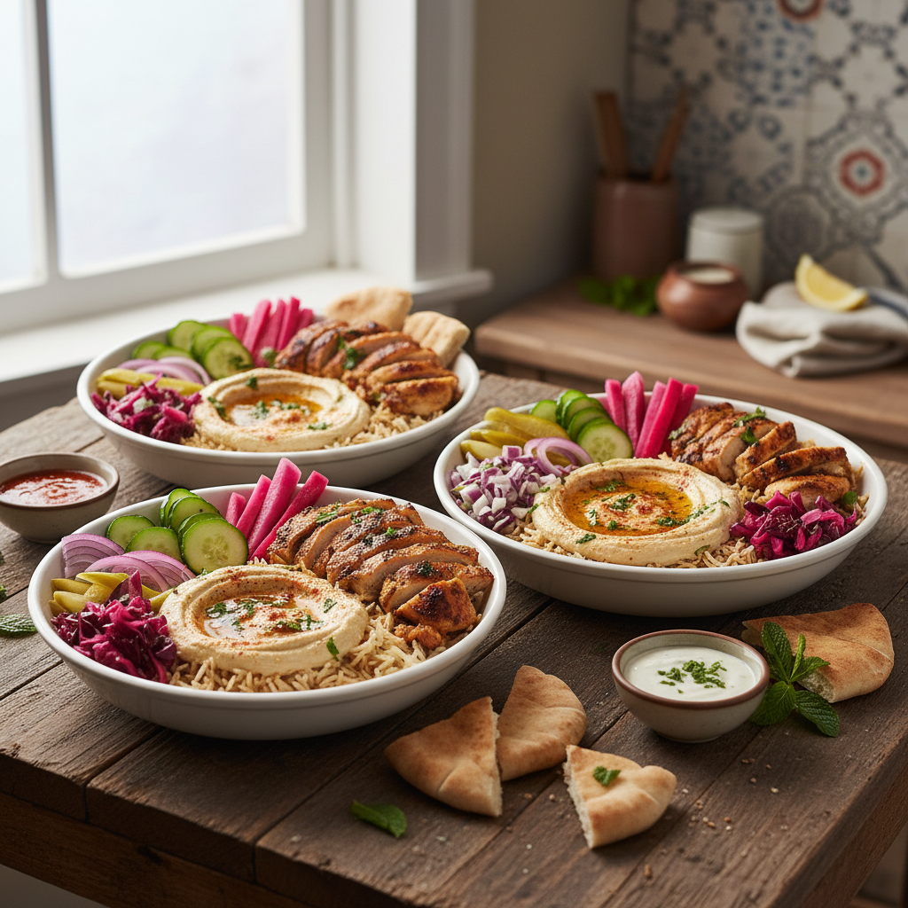Chicken Shawarma Bowls with Hummus and Pickled Veggies