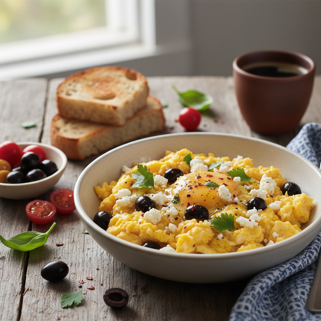 Mediterranean Scrambled Eggs with Olives and Feta