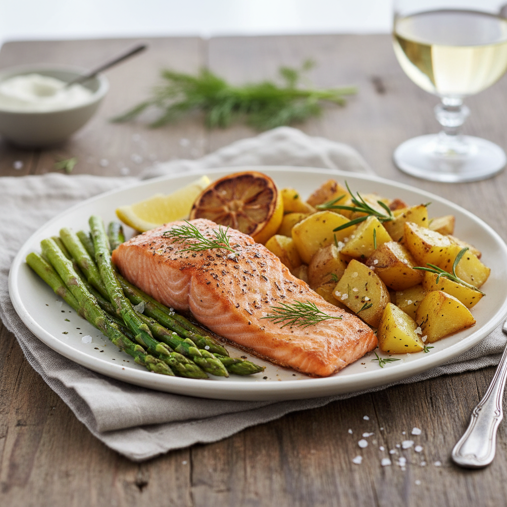 Baked Salmon with Asparagus and Roasted Potatoes
