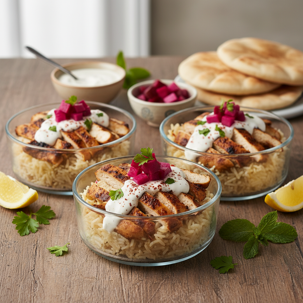 Chicken Shawarma Bowls with Garlic Sauce and Pickled Turnips