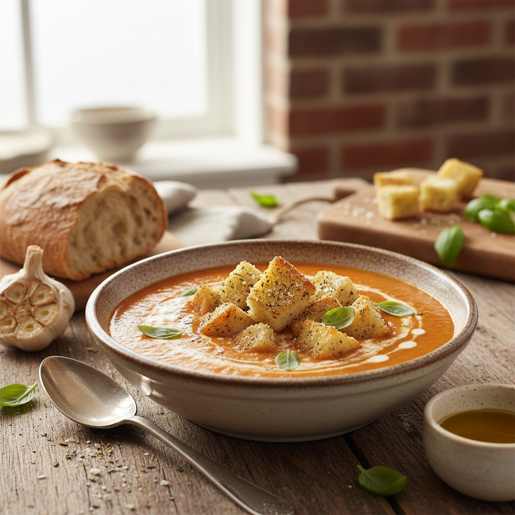 Creamy Tomato Soup with Garlic Croutons