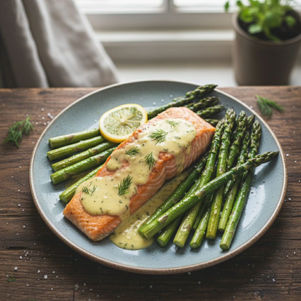Baked Salmon with Lemon-Dill Sauce and Asparagus