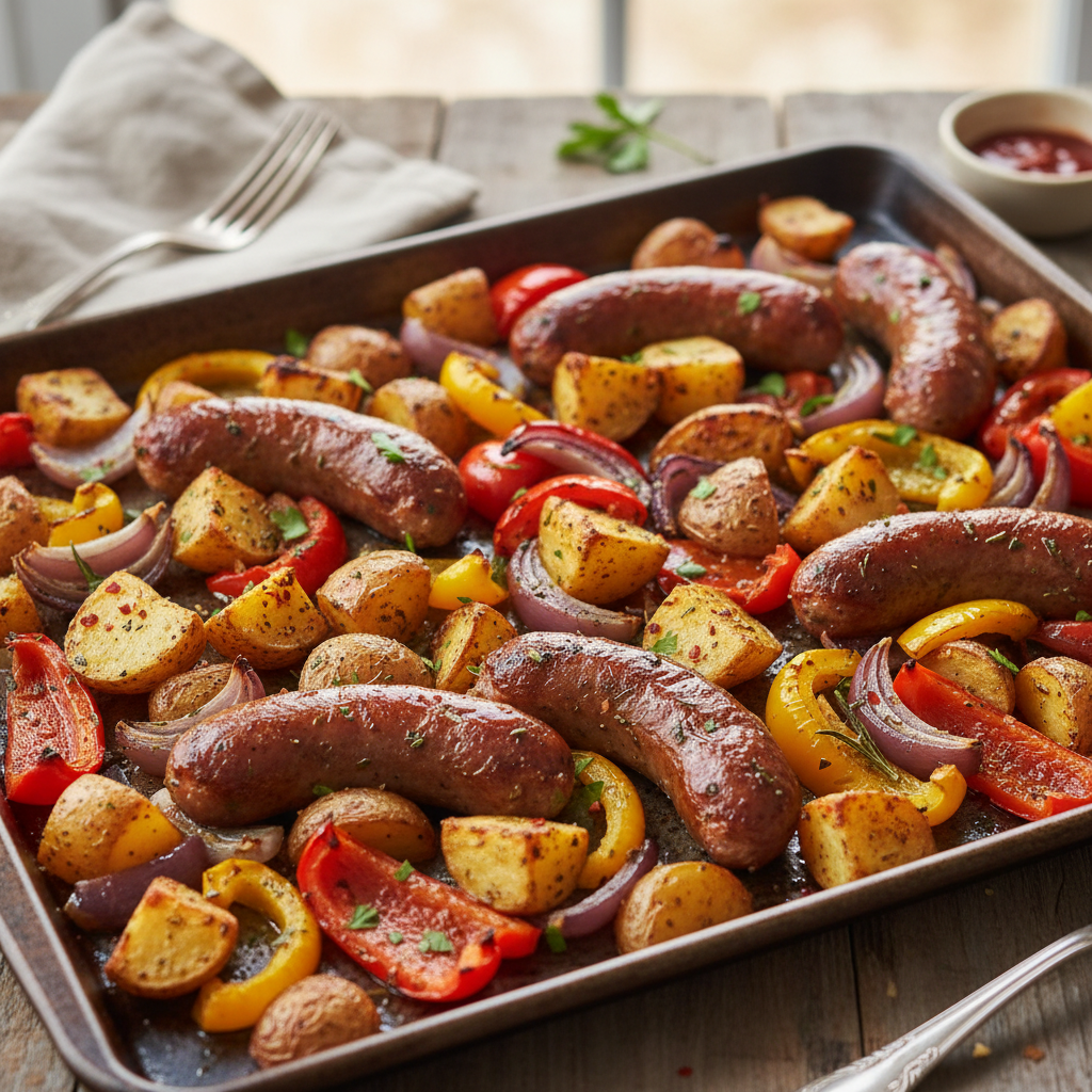 Sheet Pan Sausage and Peppers with Roasted Potatoes