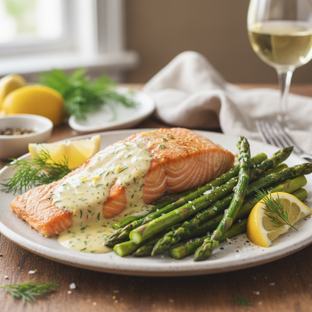 Baked Salmon with Lemon-Dill Sauce and Roasted Asparagus