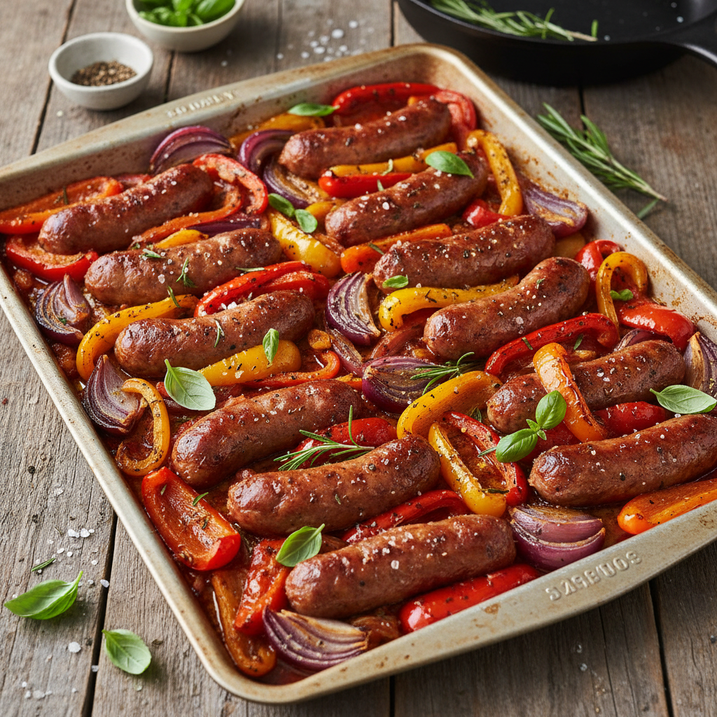 Sheet Pan Sausage and Peppers with Onions