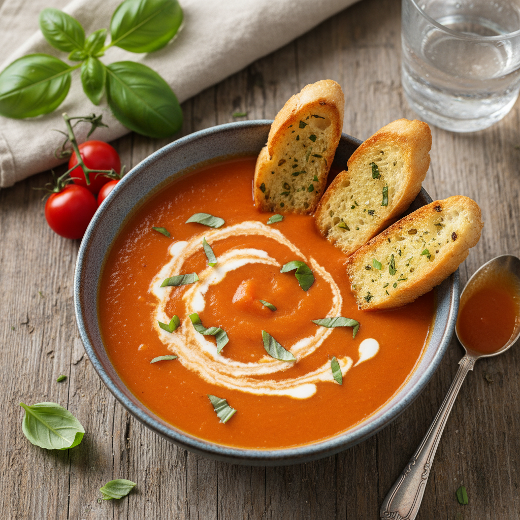Creamy Tomato Soup with Basil Crostini