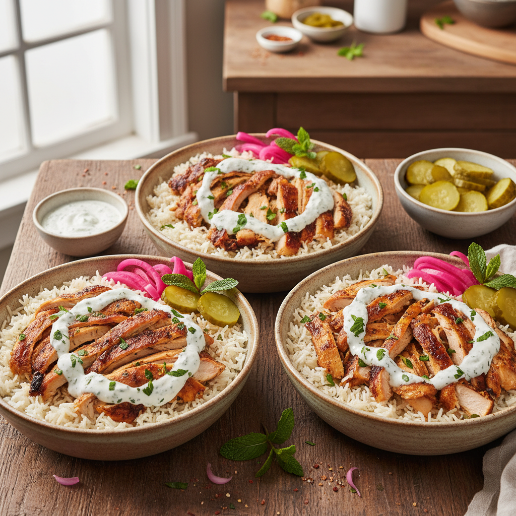 Chicken Shawarma Bowls with Garlic Sauce and Pickles