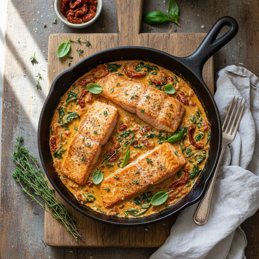 Creamy Tuscan Salmon with Sun-Dried Tomatoes and Spinach