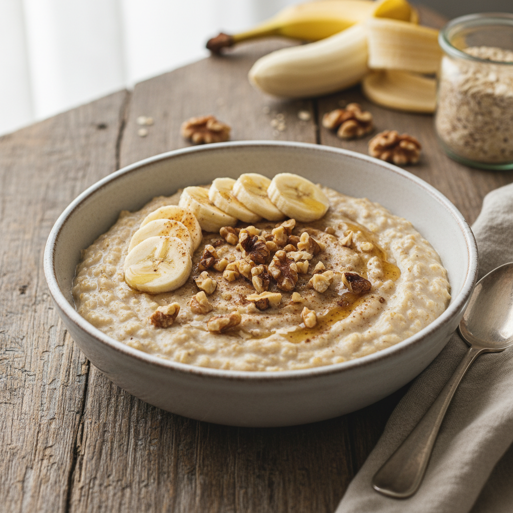 Creamy Oatmeal with Sliced Banana and Walnuts