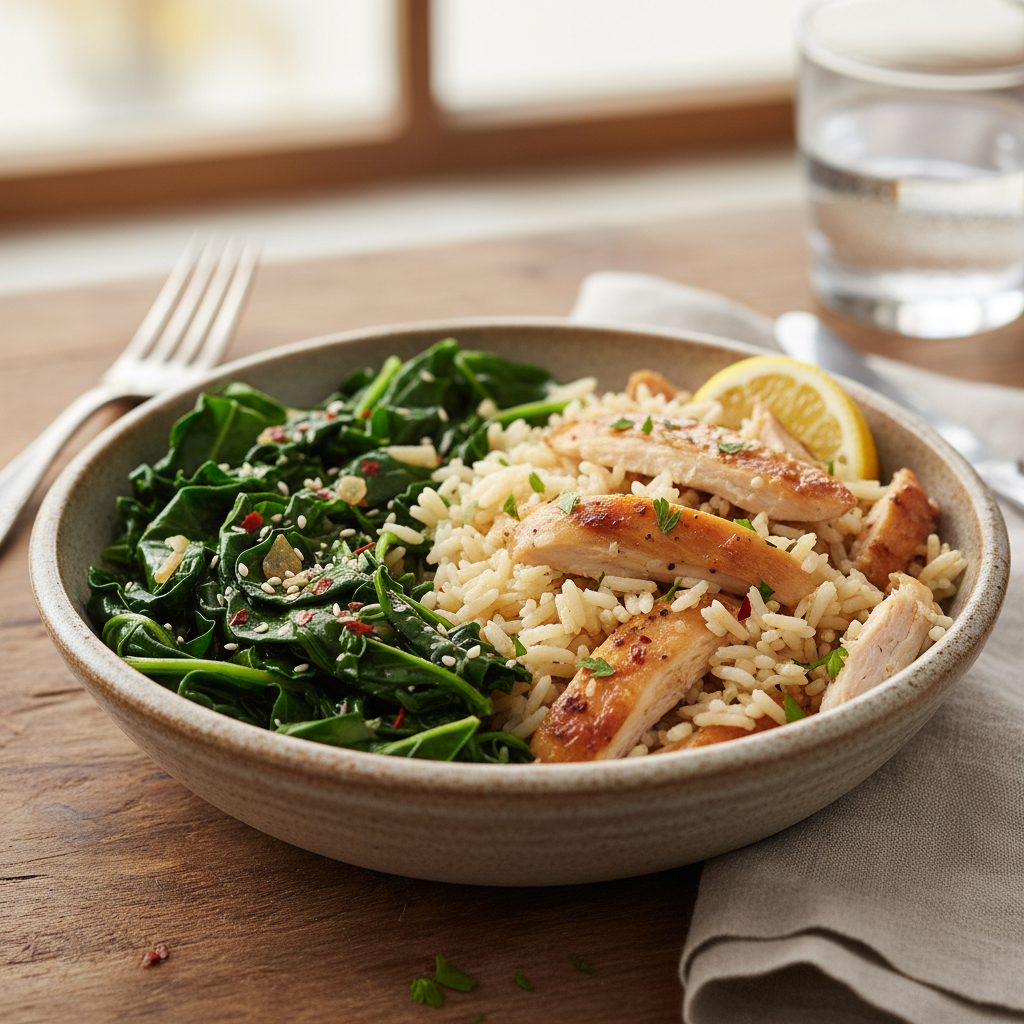 Leftover Chicken and Rice Bowl with Sautéed Greens