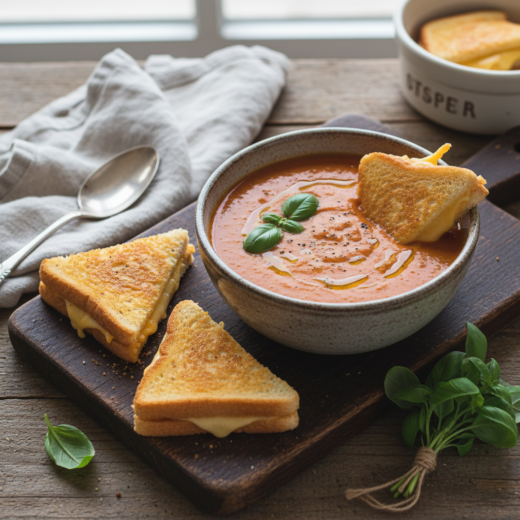 Tomato Basil Soup with Mini Grilled Cheese