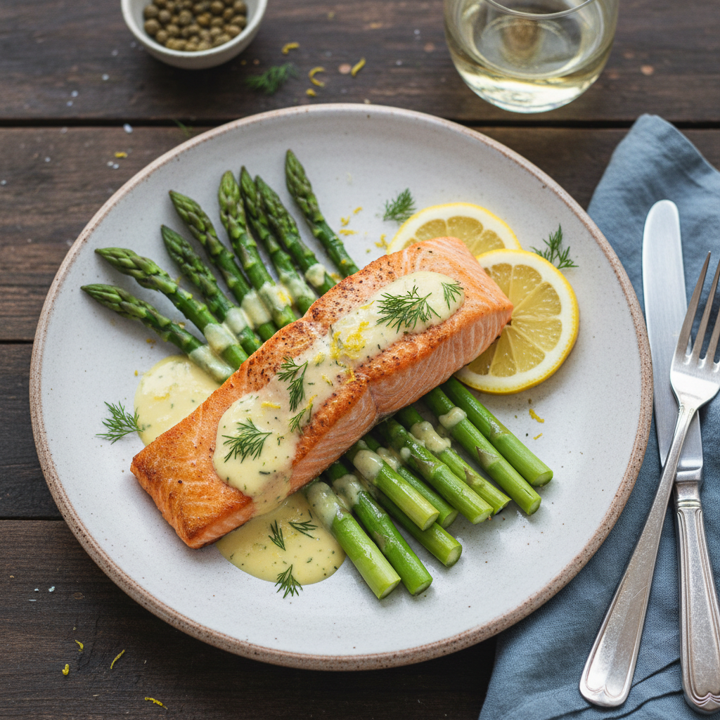 Pan-Seared Salmon with Asparagus and Lemon Dill Sauce