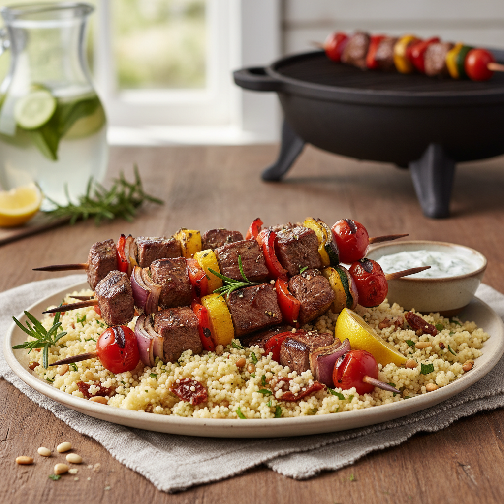 Beef and Vegetable Skewers with Couscous