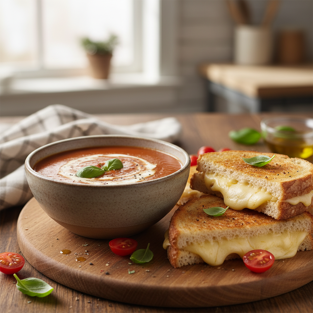 Tomato Basil Soup with Small Grilled Cheese