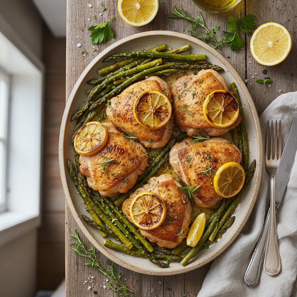 Lemon Herb Roasted Chicken Thighs with Asparagus