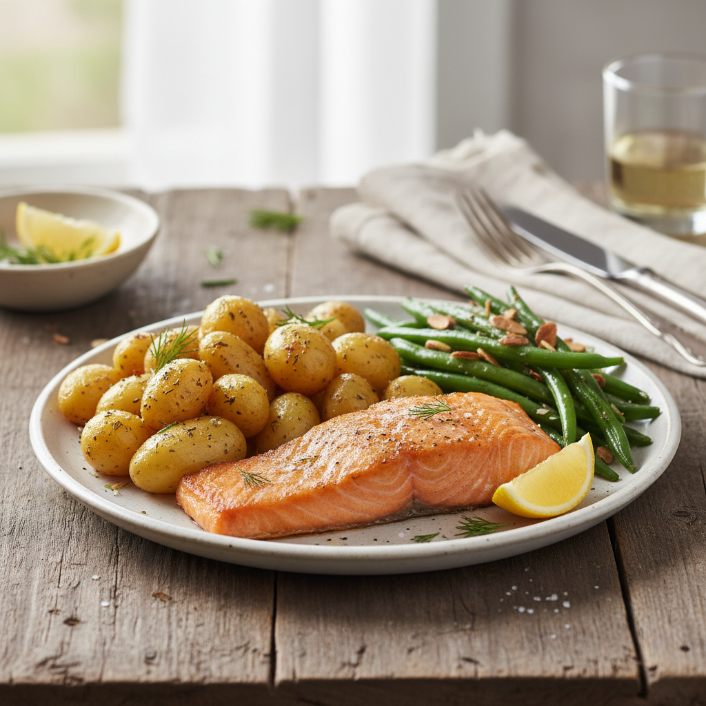 Simple Baked Salmon with Roasted Potatoes and Green Beans