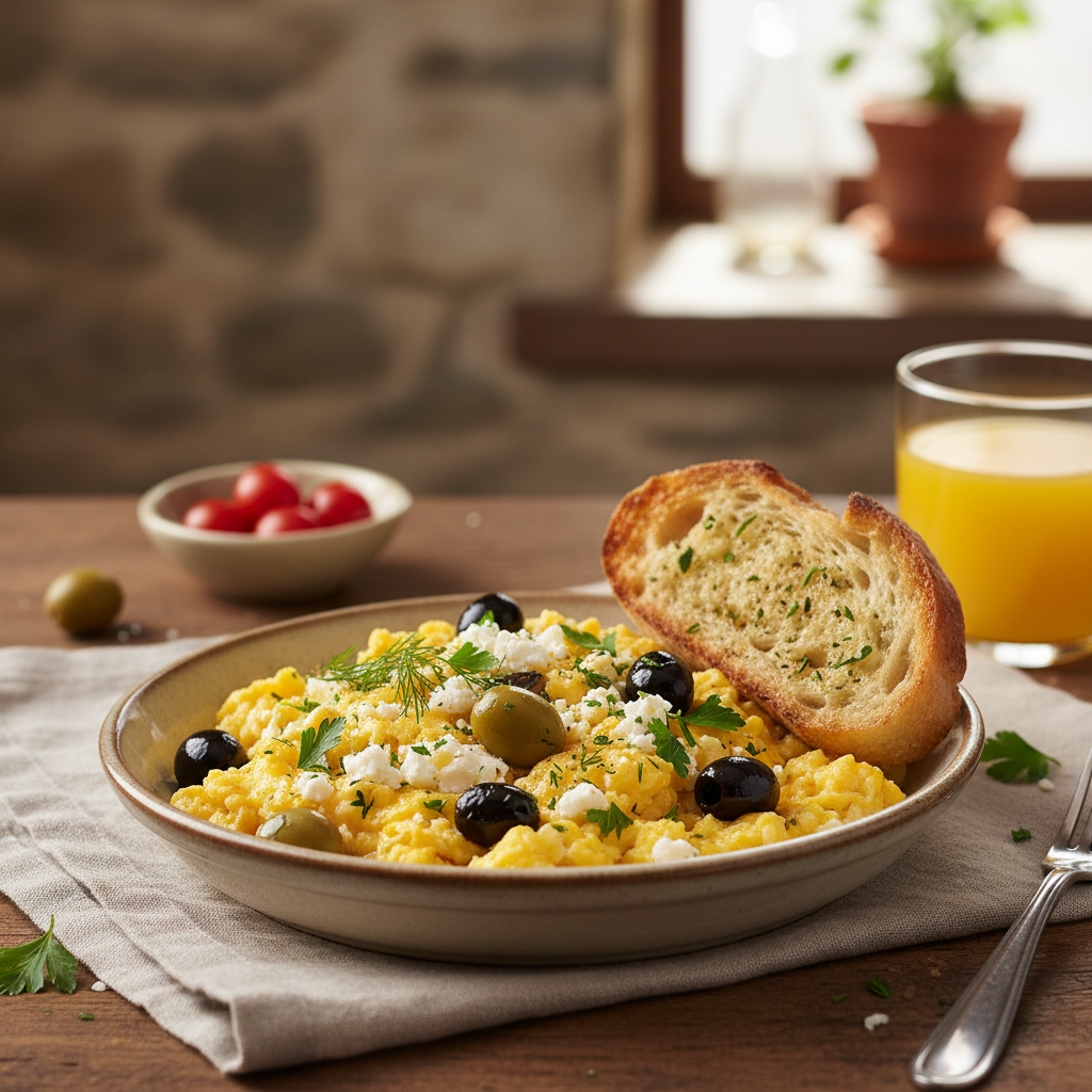 Mediterranean Scrambled Eggs with Feta and Olives