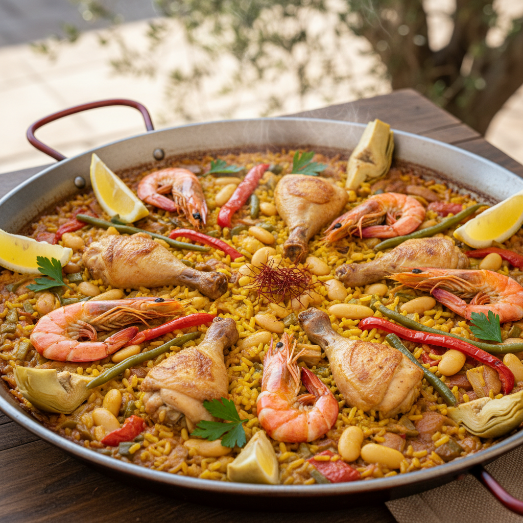 Paella Valenciana with Chicken, Shrimp, and Saffron Rice