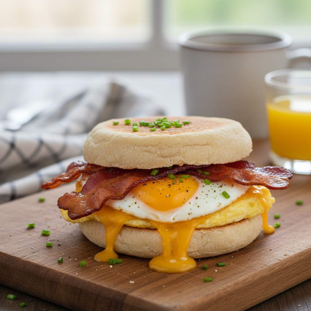 Cheesy Egg and Bacon English Muffin Sandwich
