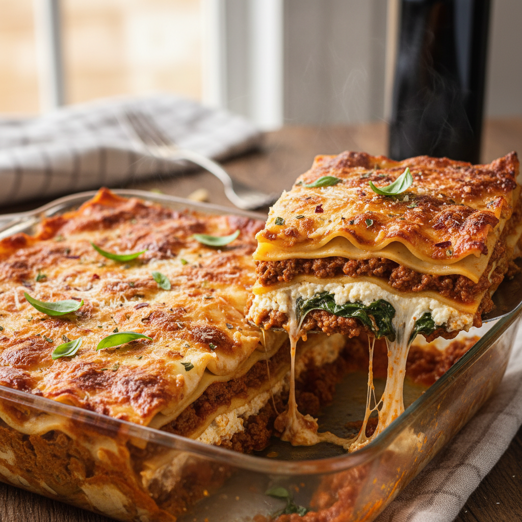 Homemade Beef Lasagna with Ricotta and Spinach