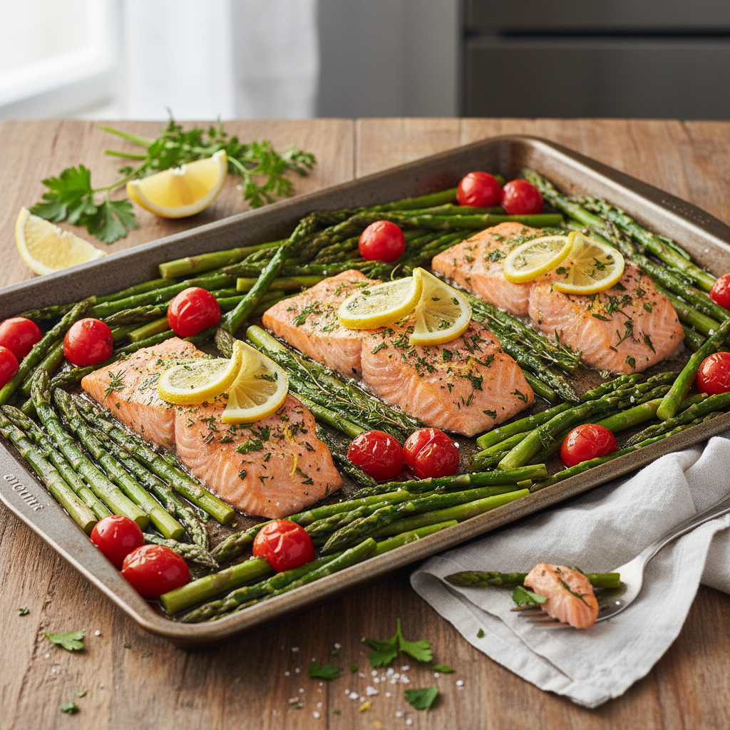 Sheet Pan Lemon Herb Salmon with Asparagus and Cherry Tomatoes