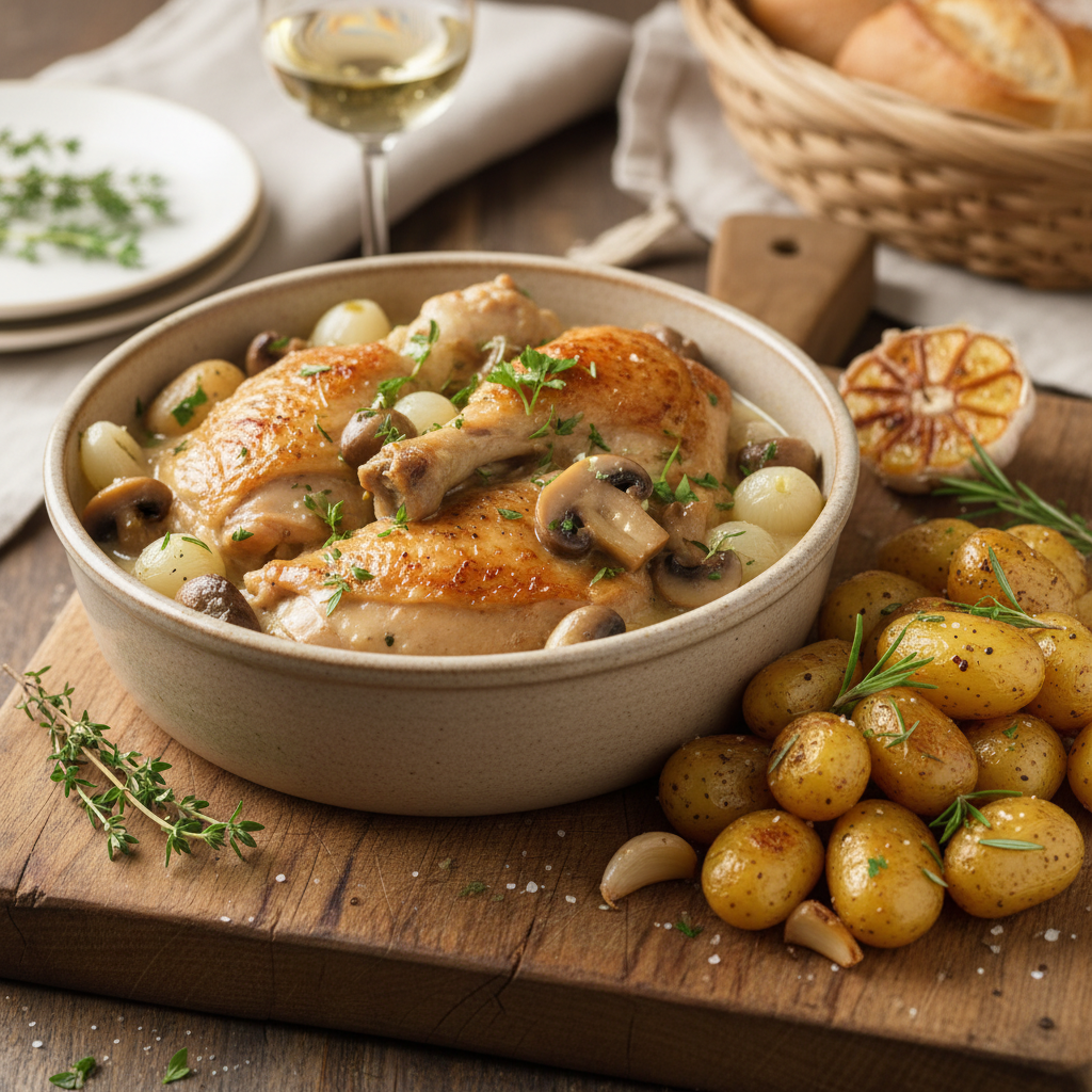 French Coq au Vin Blanc with Roasted Potatoes