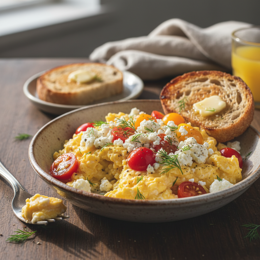 Scrambled Eggs with Feta and Cherry Tomatoes