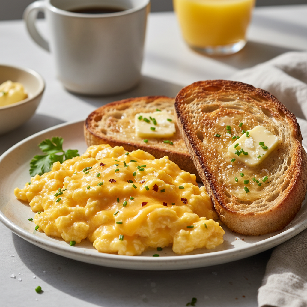 Cheesy Scrambled Eggs with Toast