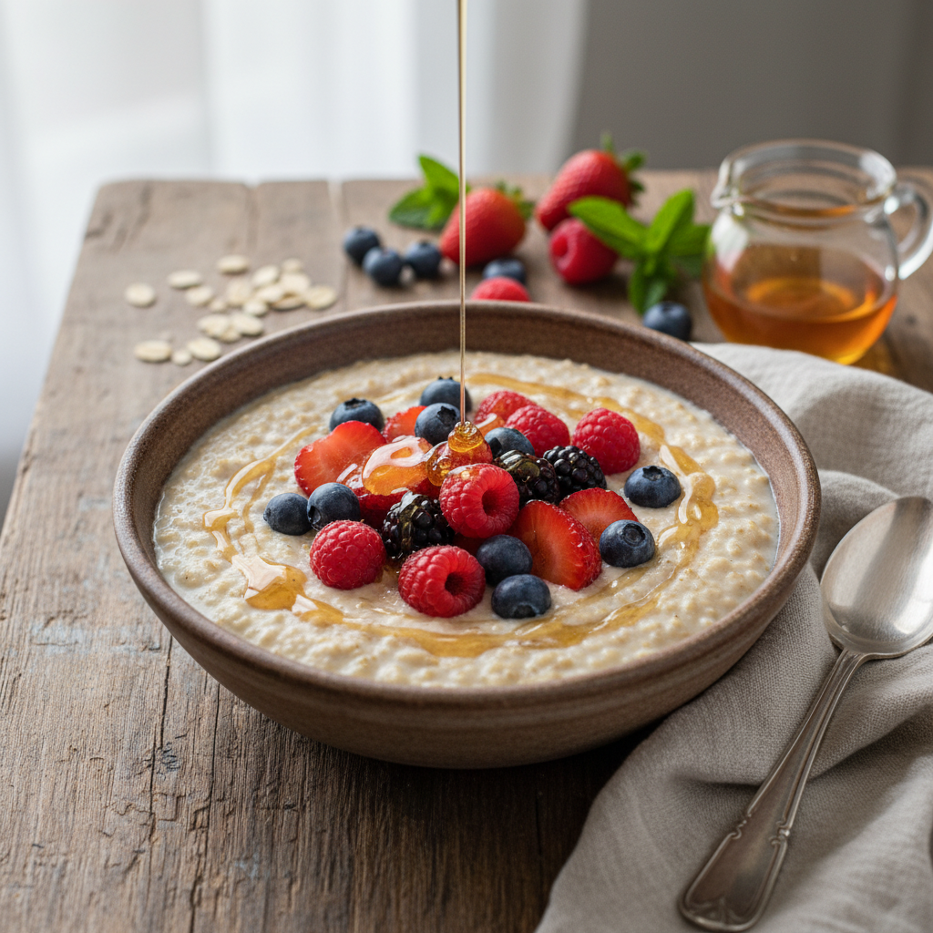 Creamy Old-Fashioned Oatmeal with Berries and Honey Drizzle