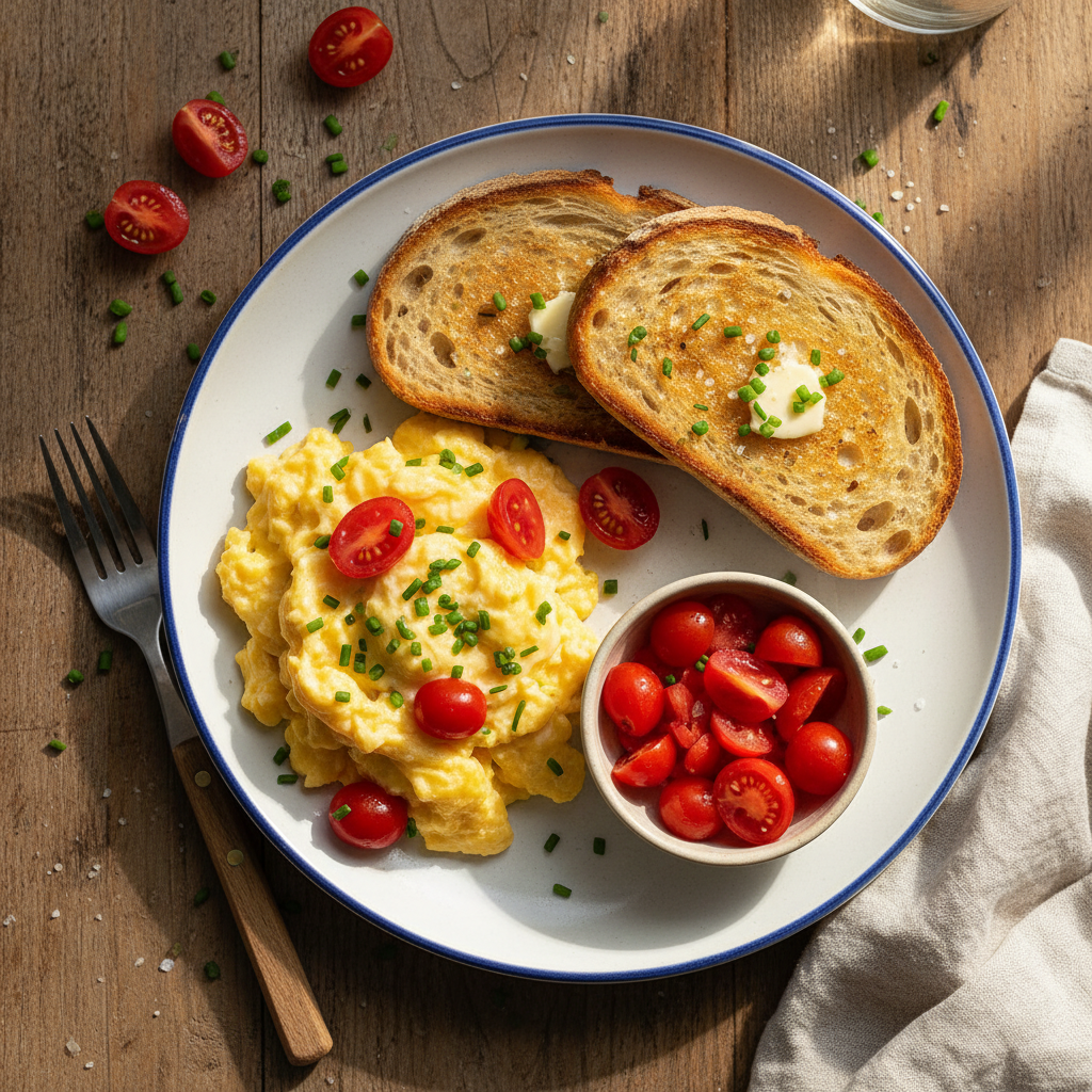 Quick Scrambled Eggs with Diced Tomatoes and Toast