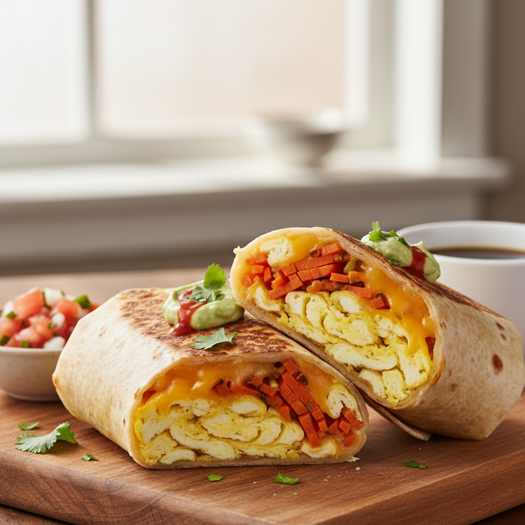 Breakfast Burrito with Scrambled Eggs, Cheese, and Sautéed Carrots