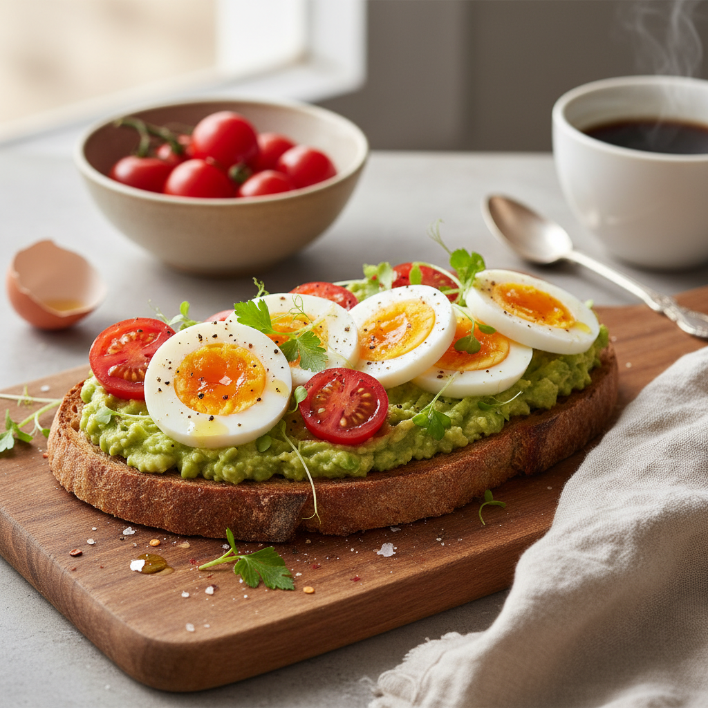 Avocado Toast with Hard-Boiled Egg Slices and Cherry Tomatoes