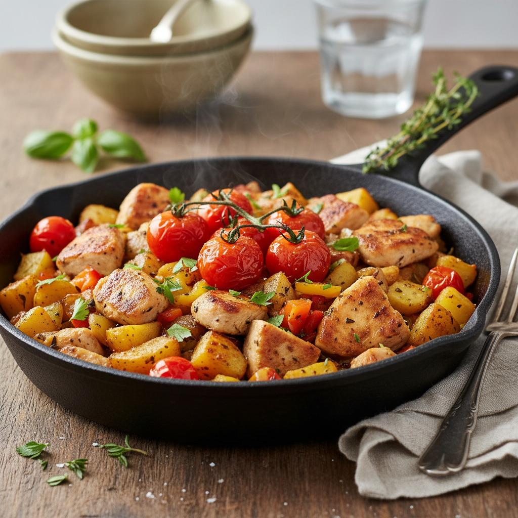 Skillet Chicken and Potato Hash with Sautéed Tomatoes